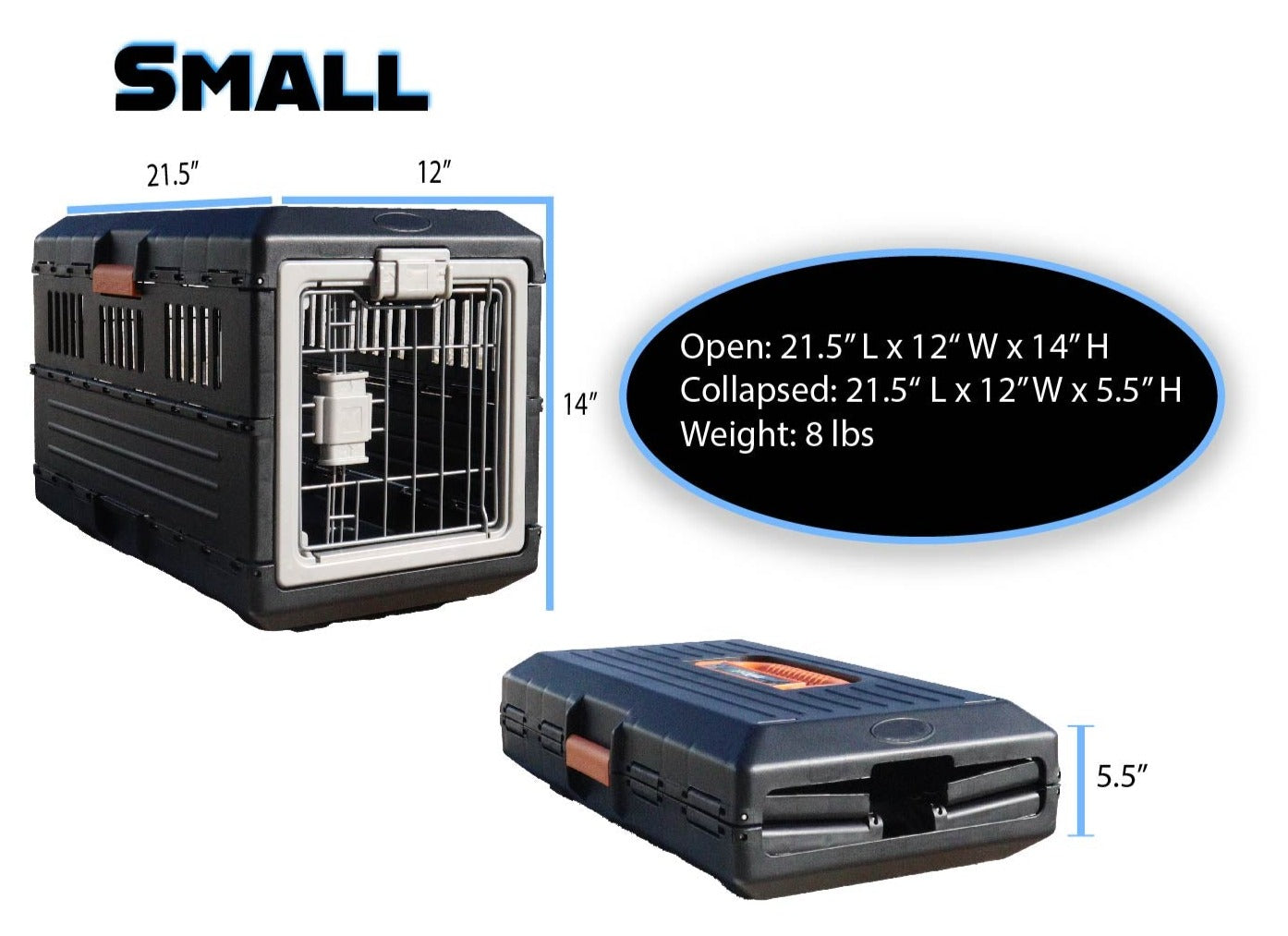 A photo of the Mirapet Medium Collapsible pet crate standing, and also closed with measurements around the sides. A black oval with white text that says "Open: 26" L x 15.3" W x 18.8"H Collapsed: 26"L x 15.3"W x5.5"H Weight: 13lbs